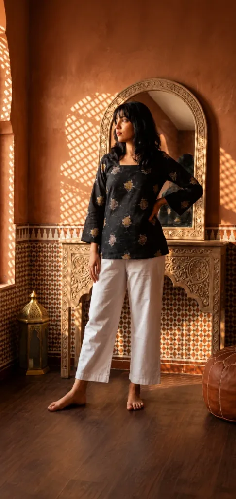 Dark Blue Floral Printed Cotton Tunic with White Trousers Set (XL)