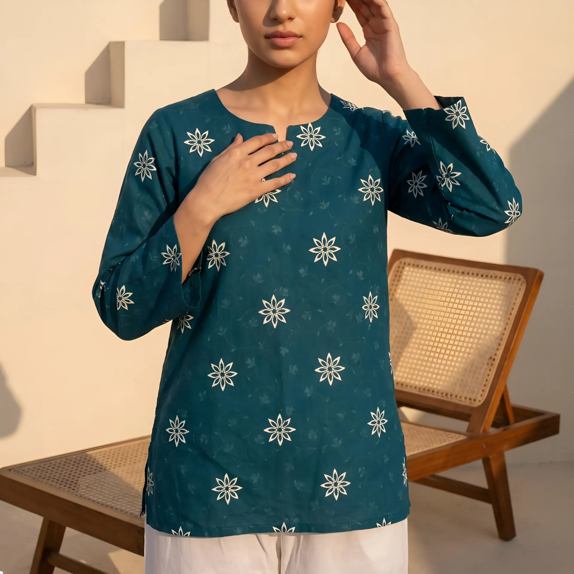Trendy Women Teal Blue Printed Short Kurti | Back Dori Tie-Up Corset Design Casual Top | Ethnic Floral Printed Short Kurta for Girls (XL)