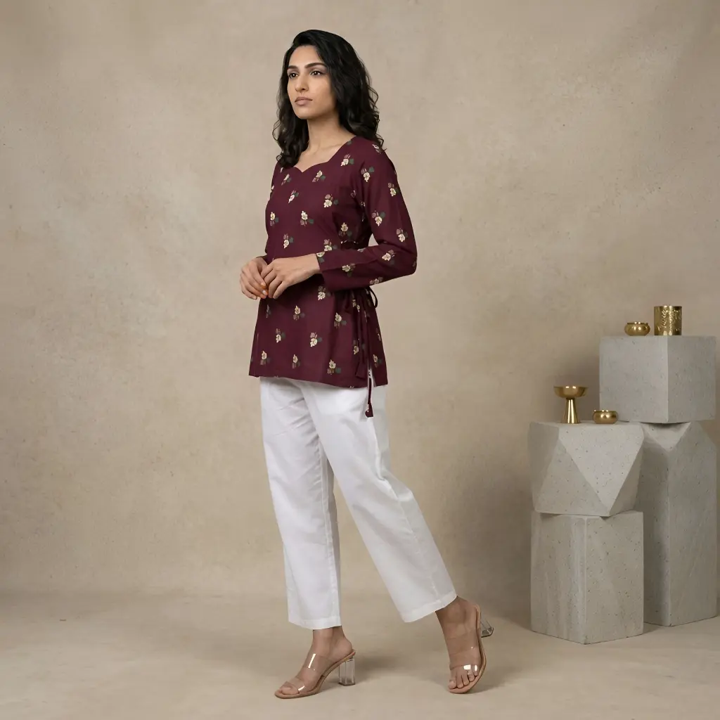 Wine Floral Printed Cotton Tunic with White Plazzo Set (L)