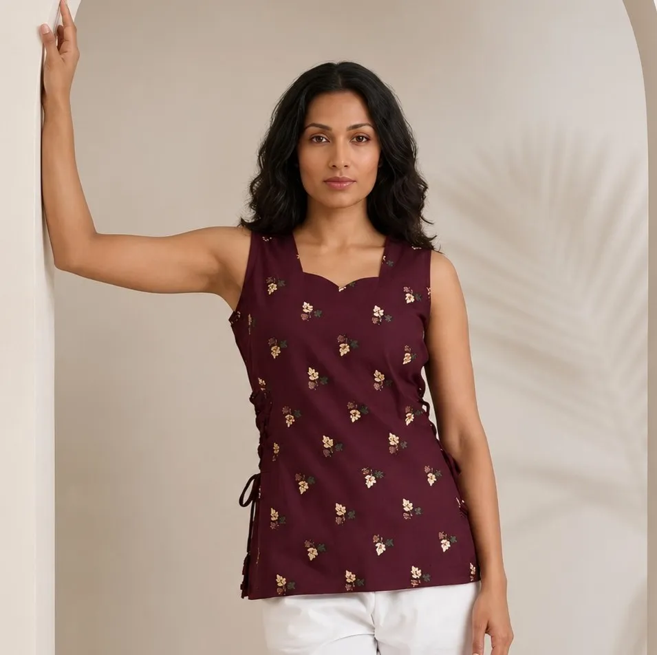 Designer aqua blue Floral Printed Cotton Kurti with Tie-Up Dori Sleeves for Women (L)