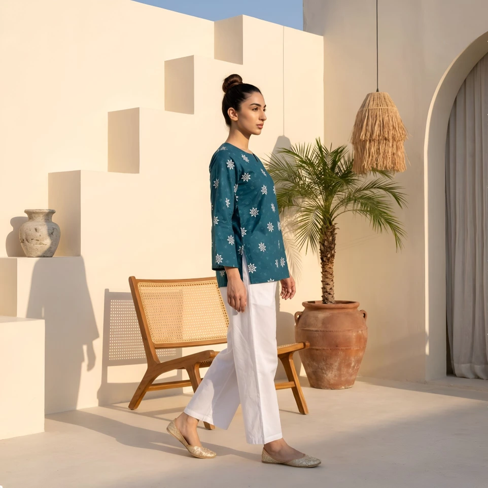 Teal Blue Star Printed Cotton Tunic with White Trousers Set (XL)