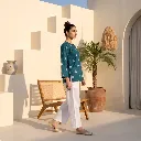 Teal Blue Star Printed Cotton Tunic with White Trousers Set