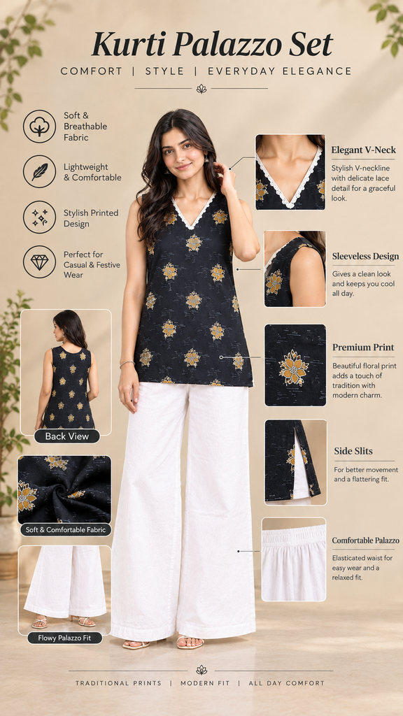Navy Blue Floral Motif Sleeveless Tunic Top with Lace Neckline